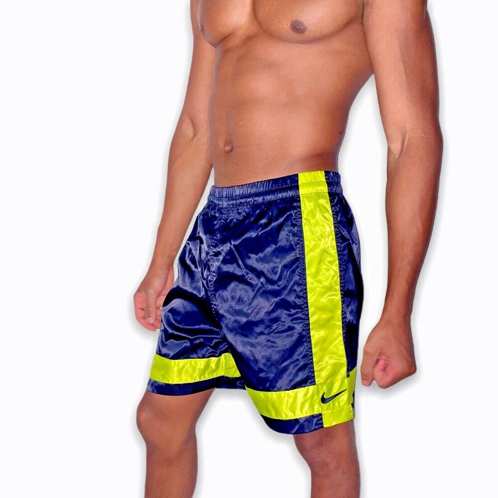 Nike 90s Super Rare Satin Nylon Glanz Soccer Shorts Black Yellow Gold Small